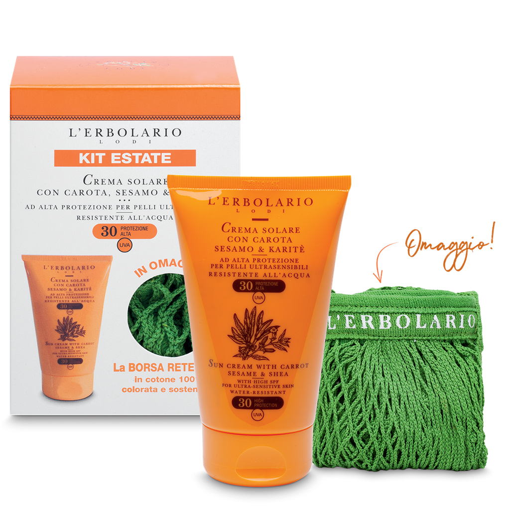 KIT ESTATE: Crema Solare con Carota, Sesamo & Karitè SPF30 125ml e Borsa Rete Mare in OMAGGIO