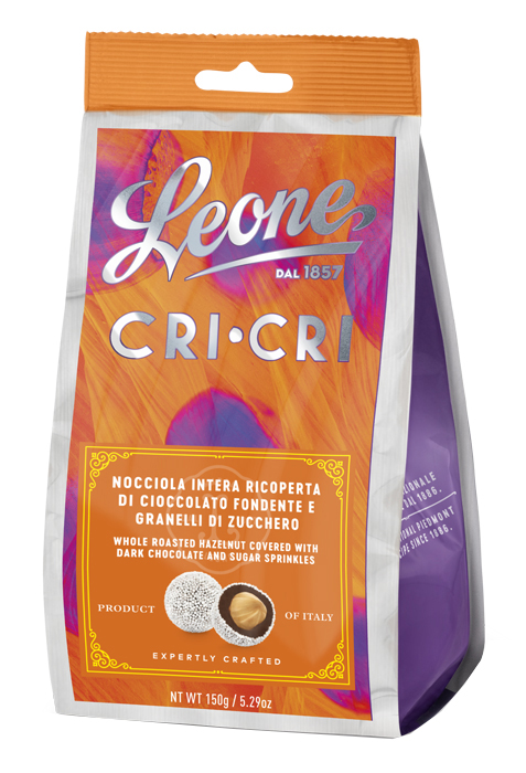 LEONE CRI CRI NOCCIOLA INTERA RICOPERTA DI CIOCCOLATO FONDENTE E GRANELLI DI ZUCCHERO 150G