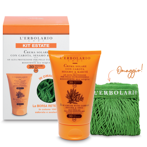 [983803685] KIT ESTATE: Crema Solare con Carota, Sesamo & Karitè SPF30 125ml e Borsa Rete Mare in OMAGGIO